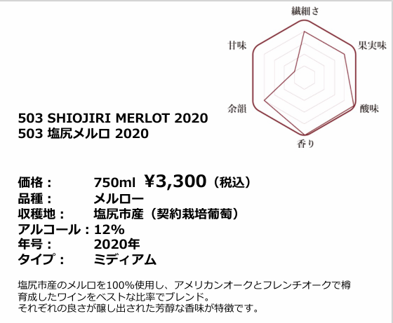 Domaine KOSEI 503 塩尻メルロ2020 画像