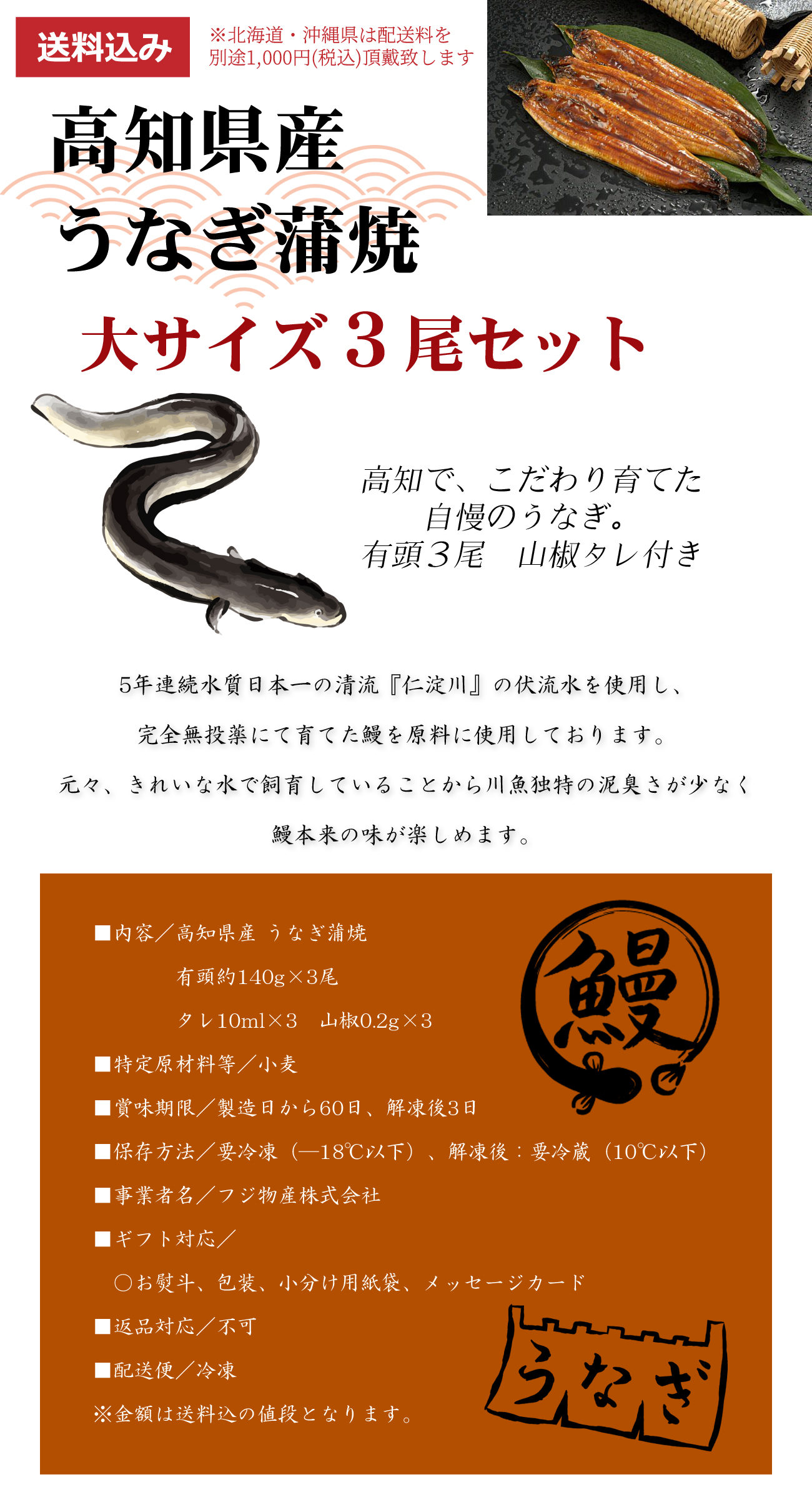 高知県産うなぎ蒲焼　今だけサービス＋１尾します。特大サイズ3尾セット　合計４尾でお届け