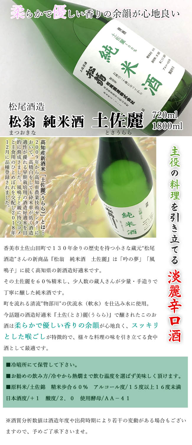 日本酒 松尾酒造　松翁(まつおきな)　純米酒　土佐麗(とさうらら) 画像